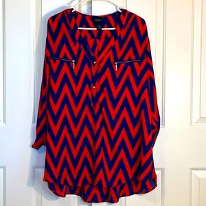 Rue21, Tunic Blouse, Red & Blue Patterned with Gold details. Size 1x. Worn 2x
